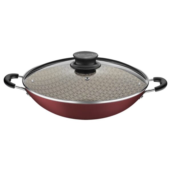 Olla Wok Paris de Aluminio con Revestimiento de Antiadherente Starflon Max Rojo con Tapa de Vidrio 36cm 6,0L