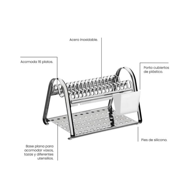 Escurridor de platos ciclo de acero inoxidable con porta cubiertos Blanco - Imagen 2