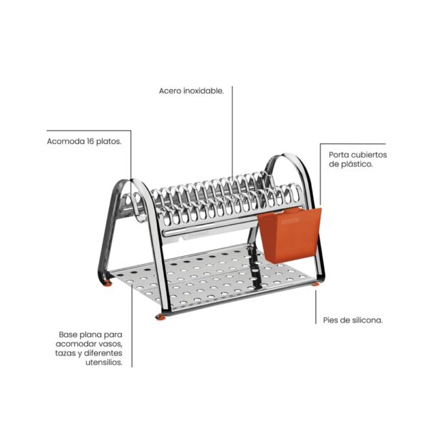 Escurridor de platos ciclo de acero inoxidable con porta cubiertos naranja - Imagen 2