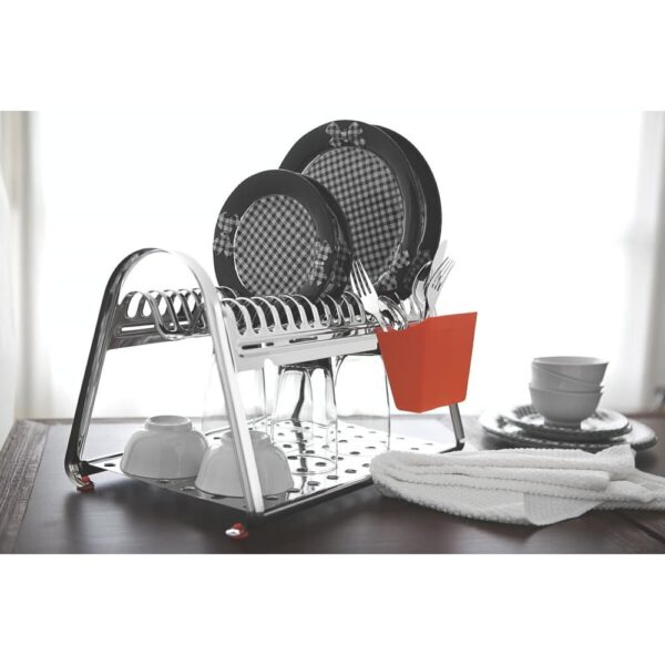 Escurridor de platos ciclo de acero inoxidable con porta cubiertos naranja - Imagen 4