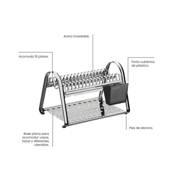 Escurridor de platos ciclo de acero inoxidable con porta cubiertos Negro - Imagen 2