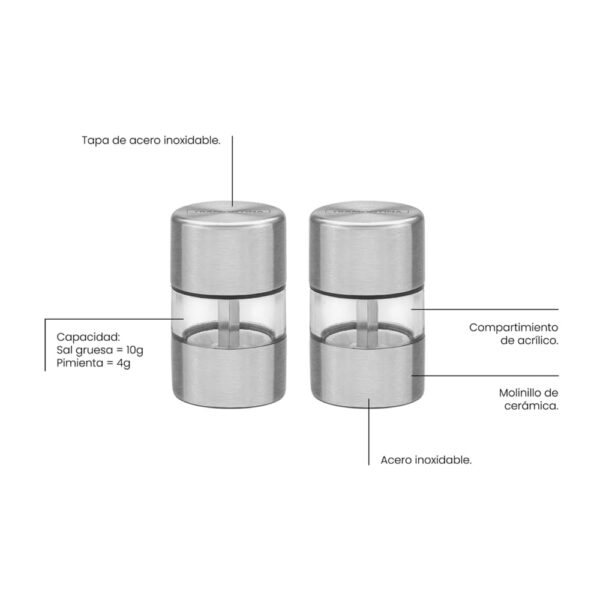Juego de molinillos de sal y pimienta Realce de acero inoxidable y acrílico con molino de cerámica - Imagen 2
