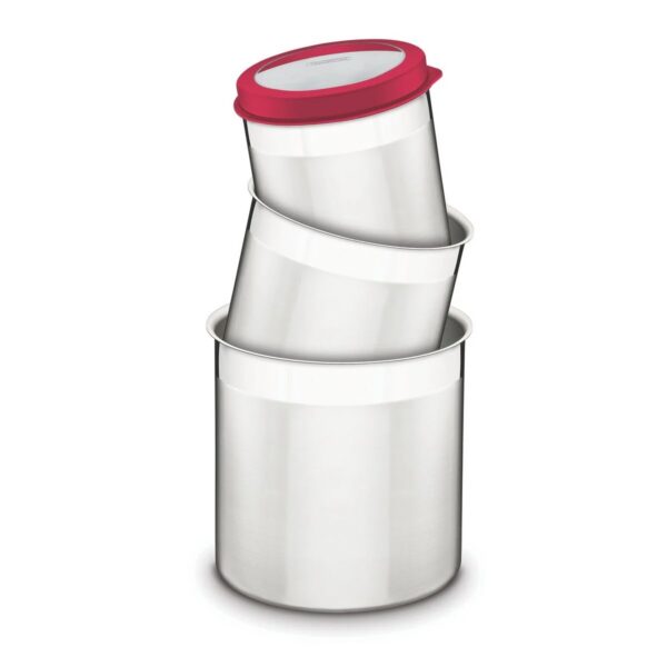 Juego de Potes Cucina de Acero Inoxidable Tapa Plastica Roja 3 Piezas