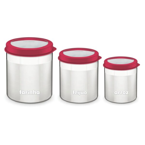 Juego de Potes Cucina de Acero Inoxidable Tapa Plastica Roja 3 Piezas - Imagen 2