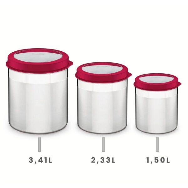 Juego de Potes Cucina de Acero Inoxidable Tapa Plastica Roja 3 Piezas - Imagen 3
