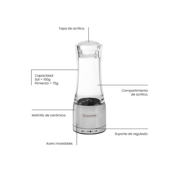 Molinillo Realce para sal o pimienta de acrílico y acero inoxidable con molino de cerámica - Imagen 2