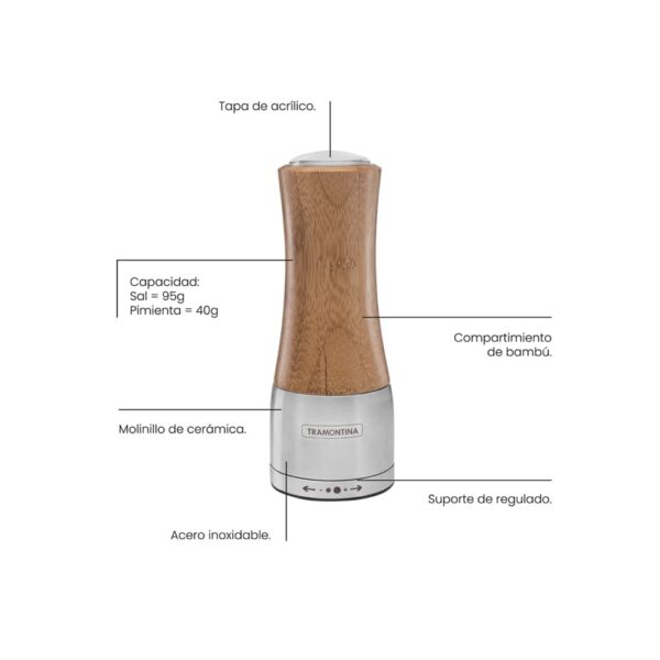 Molinillo Realce para sal o pimienta de bambú y acero inoxidable con molino de cerámica - Imagen 2
