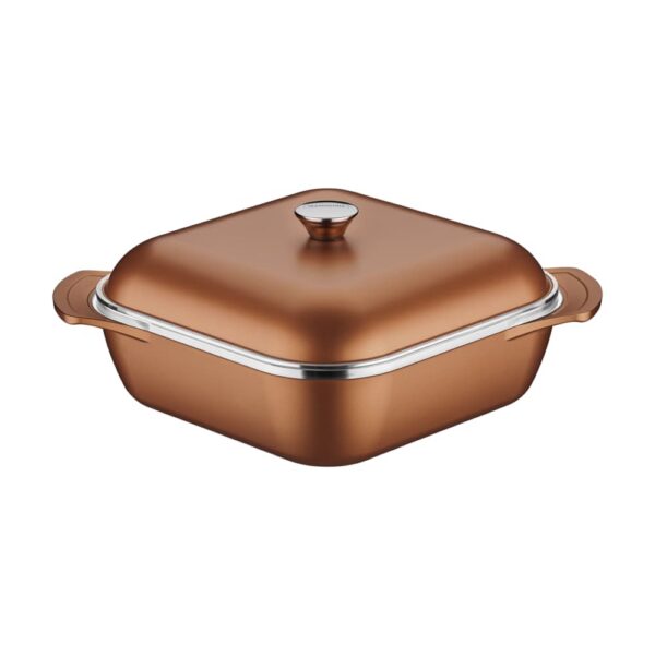 Olla Lyon Cuadrada de Aluminio Forjado con Revestimiento Interno y Externo de Antiadherente Starflon T5 Dorado con Tapa 28cm 5,5L