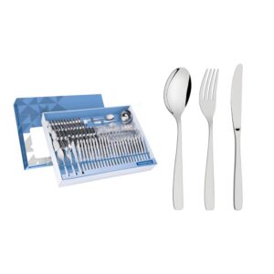 Juego de cubiertos Cosmos de acero inoxidable con cuchillos de mesa y terminación brillante de 101 piezas