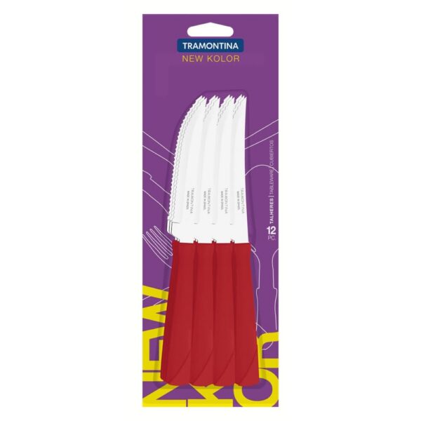 Juego de Cuchillos para asado New Kolor con Hojas de Acero Inoxidable y Mangos de Polipropileno Rojo 12 Piezas - Imagen 2
