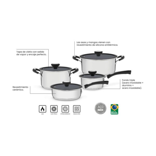 Juego de Ollas Solar Ceramic de acero inoxidable fondo triple con revestimiento interno cerámico 4 piezas - Imagen 3