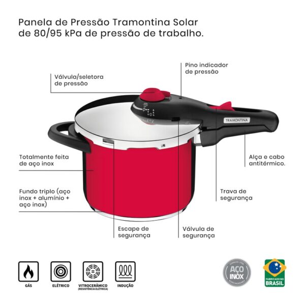 Olla a presión Solar roja de acero inoxidable fondo triple con 5 dispositivos de seguridad 22cm 4,5L - Imagen 5