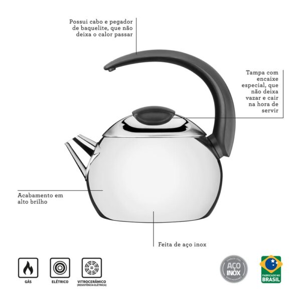 Tetera de Acero Inoxidable Mango Negro 18 cm 2,2 L - Imagen 4
