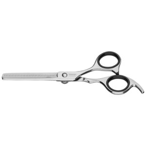 Tijera para cabello de acero inoxidable con filo desbaste y apoyo fijo para el dedo, 6"