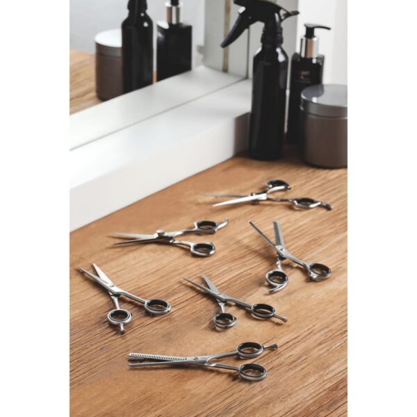 Tijera para cabello de acero inoxidable con filo láser y apoyo fijo para el dedo, 6" - Imagen 4