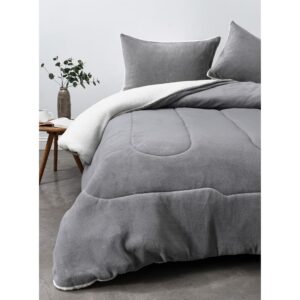 Acolchado con Reverso Sherpa Gris Liso 2 Plazas 3 Piezas