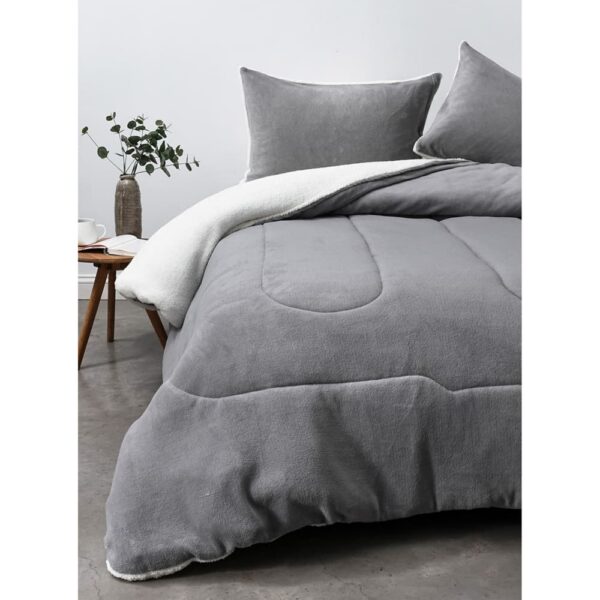 Acolchado con Reverso Sherpa Gris Liso 2 Plazas 3 Piezas