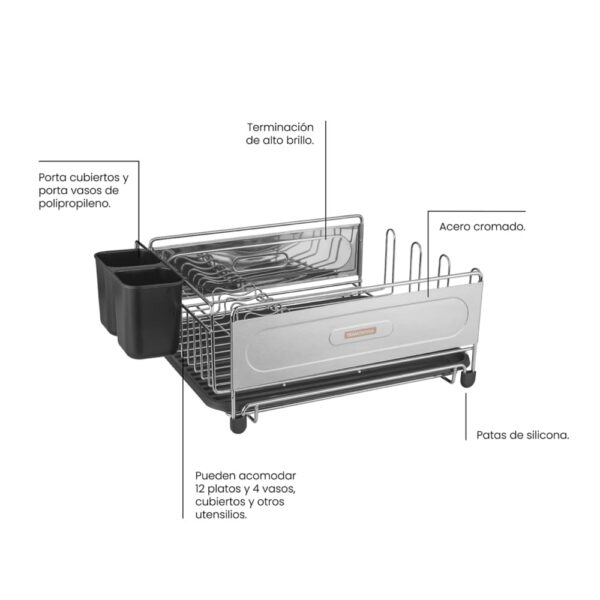 Escurridor de platos Plurale de acero cromado con secador y porta cubiertos - Imagen 2