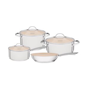 Juego de Ollas Una Ceramic en acero inoxidable con fondo triple y revestimiento interno cerámico beige 4 piezas