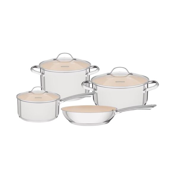 Juego de Ollas Una Ceramic en acero inoxidable con fondo triple y revestimiento interno cerámico beige 4 piezas