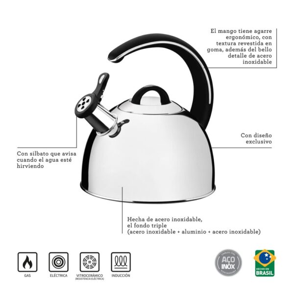 Tetera de acero inoxidable con silbato - fondo triple y mango negro 3,3 L - Imagen 2