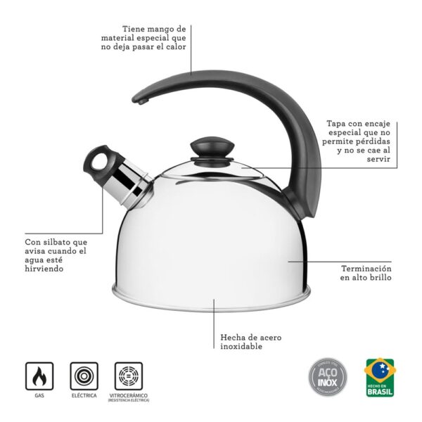Tetera con silbato de acero inoxidable con mango negro 3 L - Imagen 2