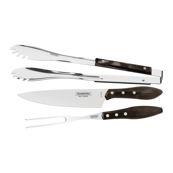 Juego para asado de acero inoxidable con mangos Polywood café 3 piezas