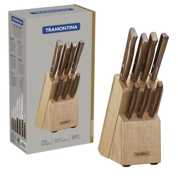 Juego de Cuchillos Tradicional con Hojas de Acero Inoxidable y Mangos de Madera Natural con Soporte de 8 Piezas - Imagen 2