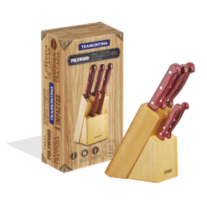Juego de Cuchillos Polywood con Hojas de Acero Inoxidable y Mangos de Madera Roja con Soporte de Madera 6 Piezas