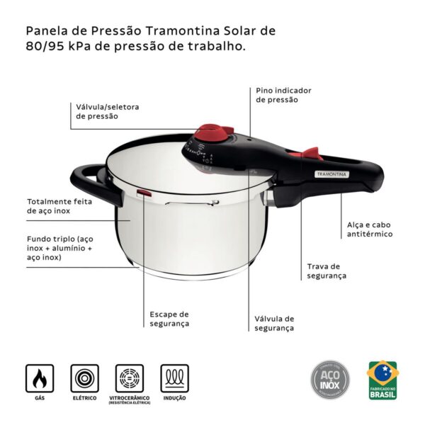 Olla a Presión Solar de acero inoxidable fondo triple con 5 dispositivos de seguridad 22 cm 6 L - Imagen 2
