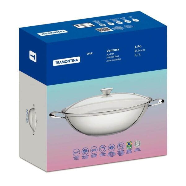 Wok Ventura de acero inoxidable triple fondo 34 cm tapa de vidrio 5,7 L - Imagen 5