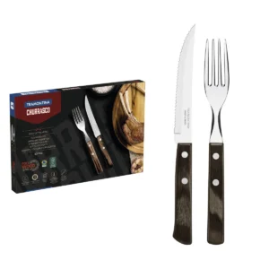 Juego de cubiertos para barbacoa de acero inoxidable con mangos de madera de haya marrón, 12 piezas