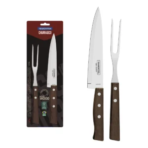 Juego de trinchar con hojas de acero inoxidable y mangos de madera natural, 2 piezas