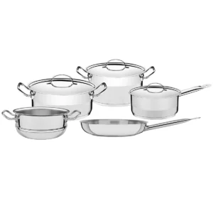 Juego de Ollas profesional de acero inoxidable con triple fondo y tapa plana, acabado satinado, 5 piezas